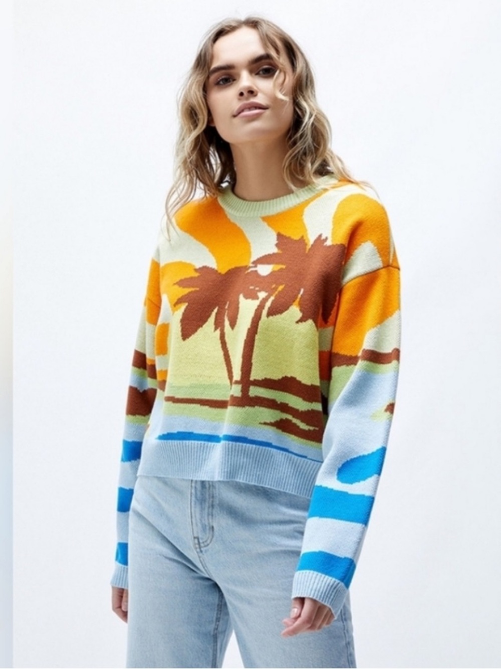 PacSun Multi-Color V-Neck Palm sunset Print Sweater blue - Picture 3 of 3